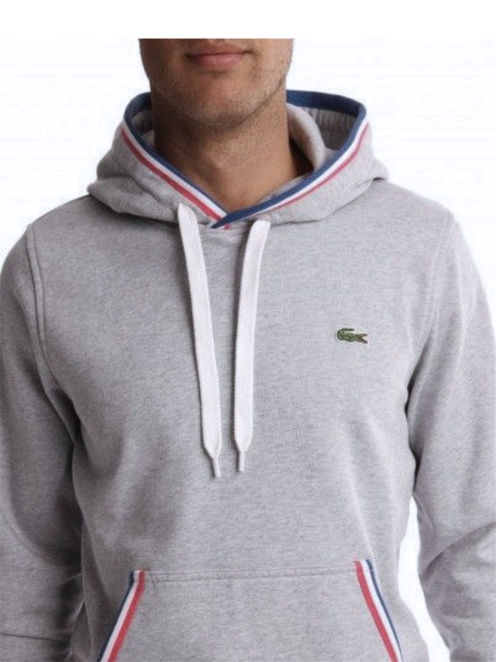 Lacoste Men's Grey Hoodie with Blue/White/Red Striped Trim 7